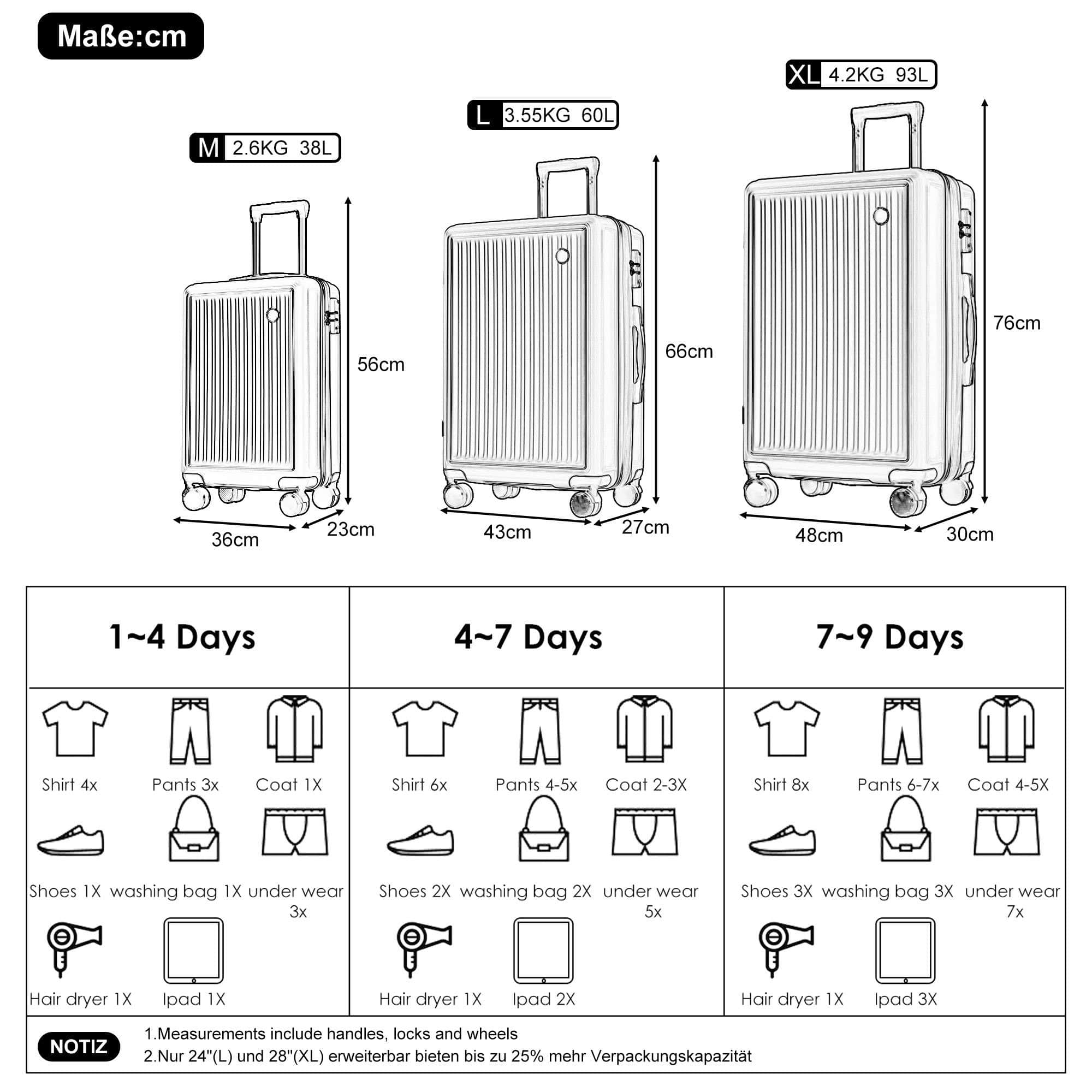 **Flieks** Hard Shell Trolley - Spinner Suitcase - Hand Luggage - 35/63/85L Goldfarben Flieks Koffer & Reisegepäck