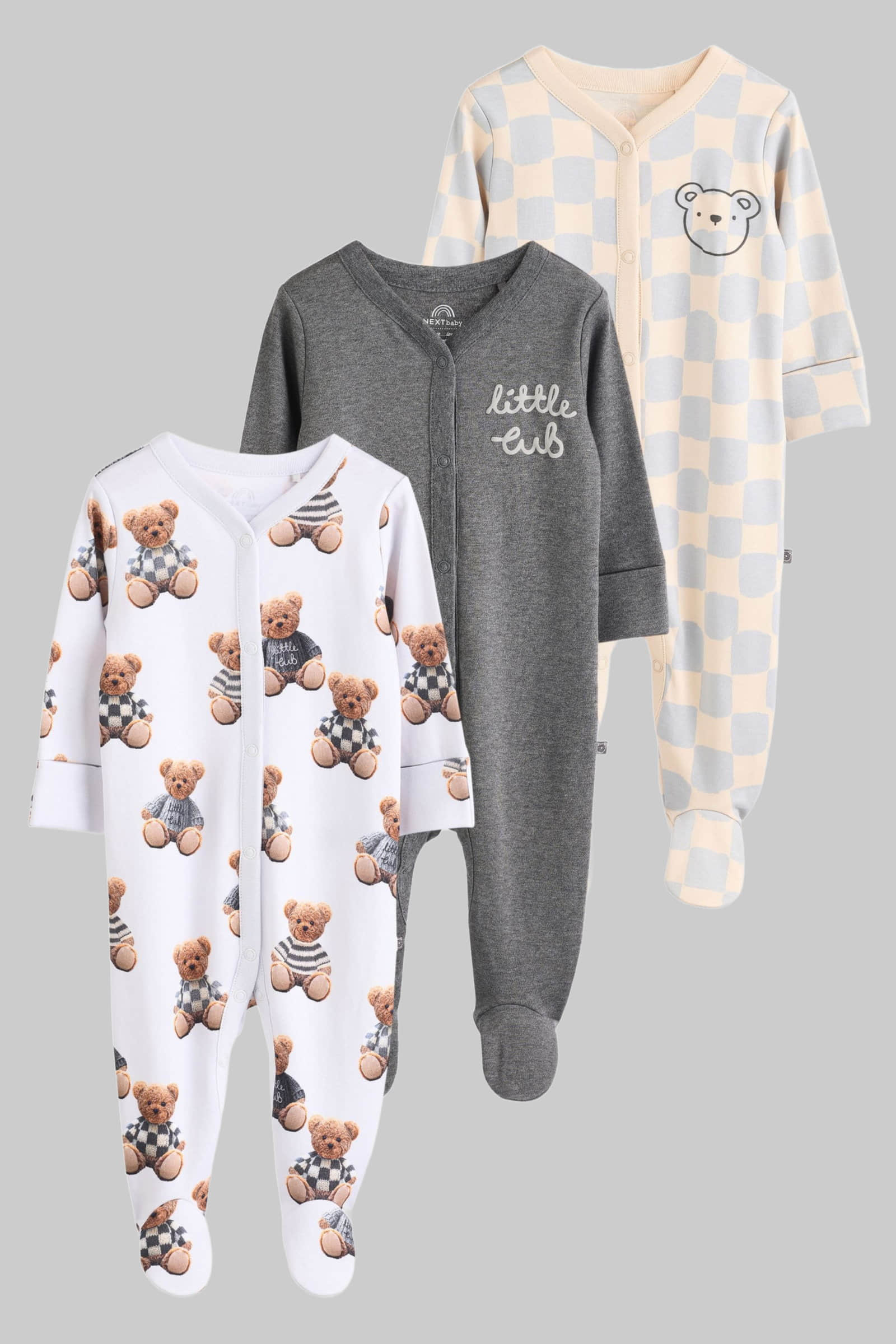 Next 3-Pack Cotton Baby Sleepsuits | Gentle Comfort for Little Ones Bear Check Next Babymode
