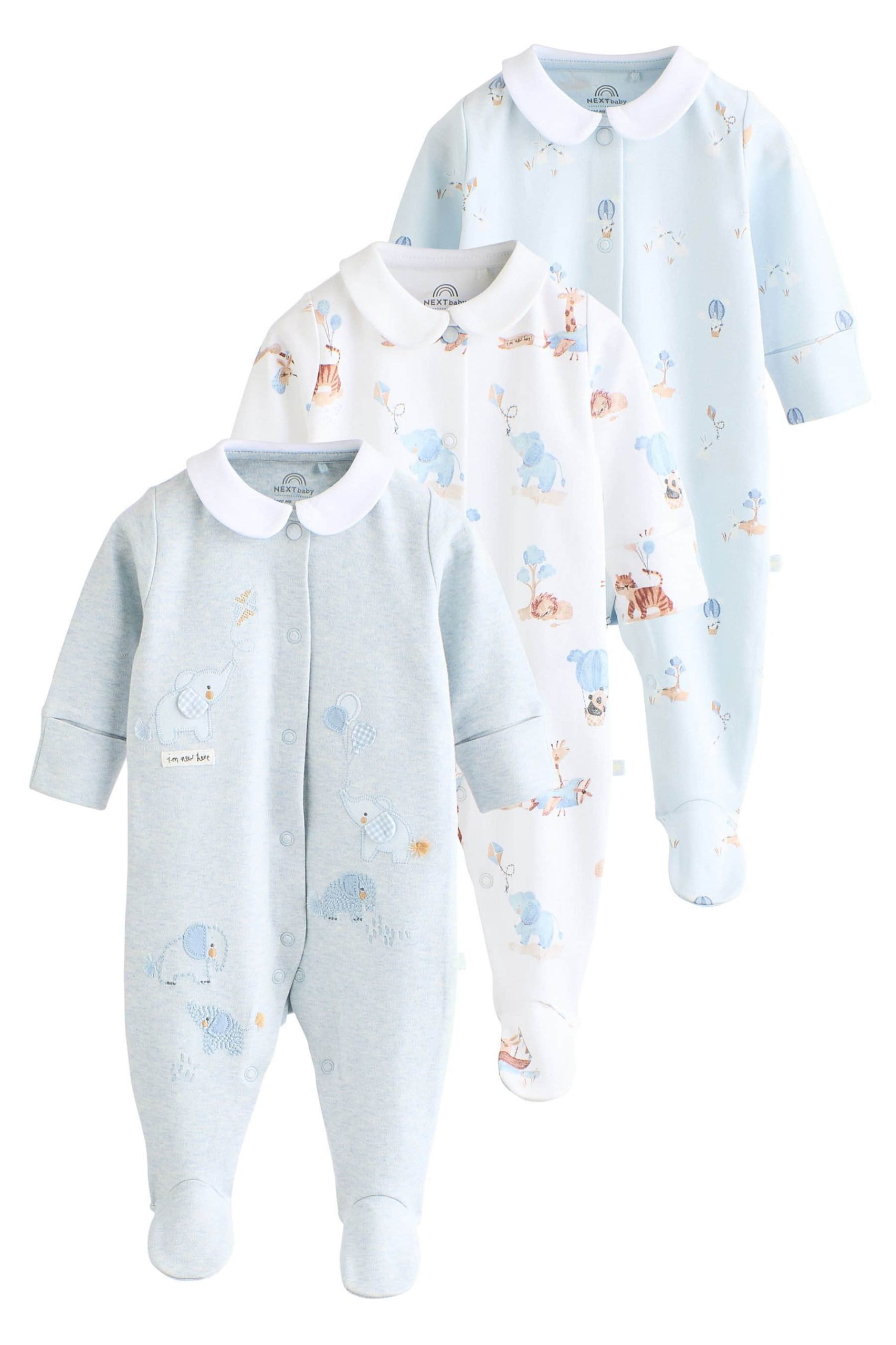 Next Babymode Next 3-Pack Cotton Baby Sleepsuits | Gentle Comfort for Little Ones Blue Delic