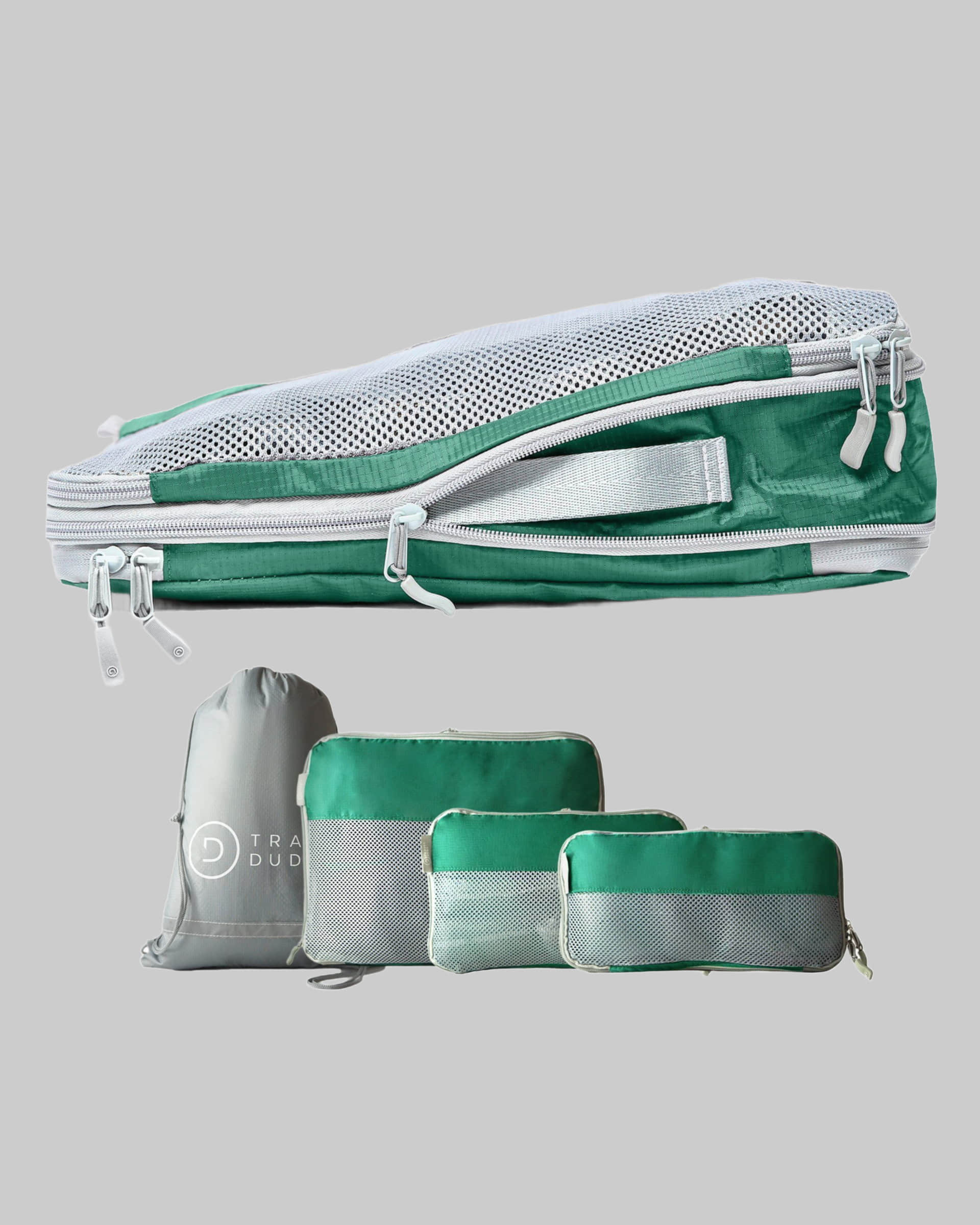 TRAVEL DUDE Kofferorganizer aus recycelten Plastikflaschen (ultraleichte Packwürfel, 4-tlg., Mit Packtaschen in verschiedenen Größen und einem Wäschebeutel), mit Kompression und einem Nassfach Olive Grün Mädchenmode TRAVEL DUDE