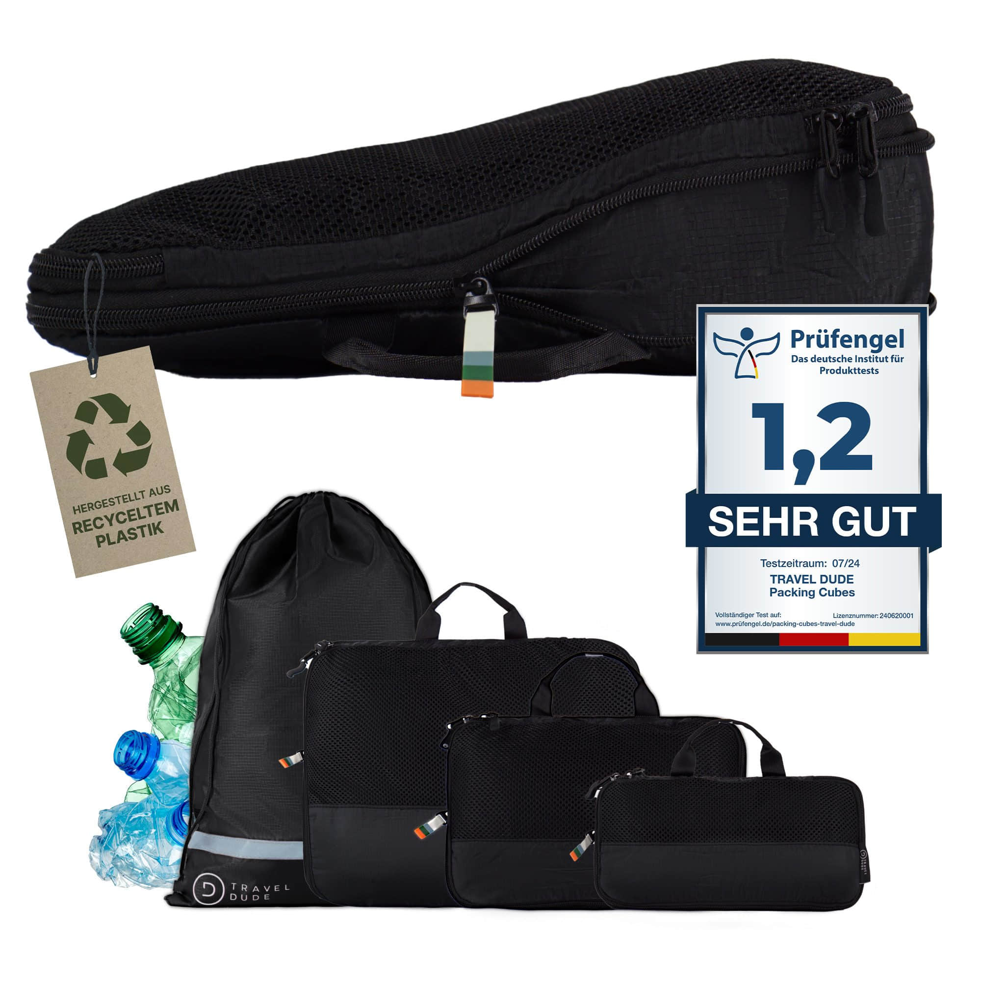 TRAVEL DUDE Kofferorganizer aus recycelten Plastikflaschen (ultraleichte Packwürfel, 4-tlg., Mit Packtaschen in verschiedenen Größen und einem Wäschebeutel), mit Kompression und einem Nassfach Schwarz TRAVEL DUDE Mädchenmode