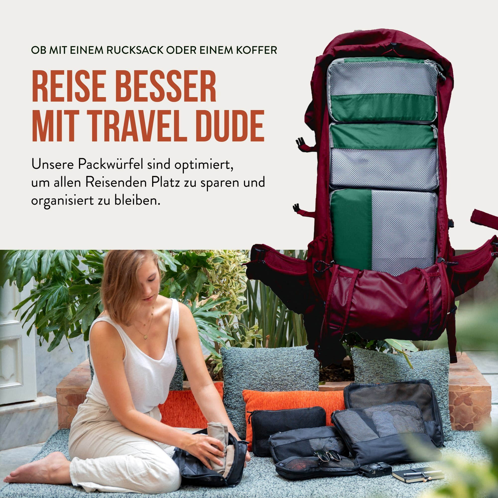 TRAVEL DUDE Kofferorganizer aus recycelten Plastikflaschen (ultraleichte Packwürfel, 4-tlg., Mit Packtaschen in verschiedenen Größen und einem Wäschebeutel), mit Kompression und einem Nassfach Olive Grün Mädchenmode TRAVEL DUDE