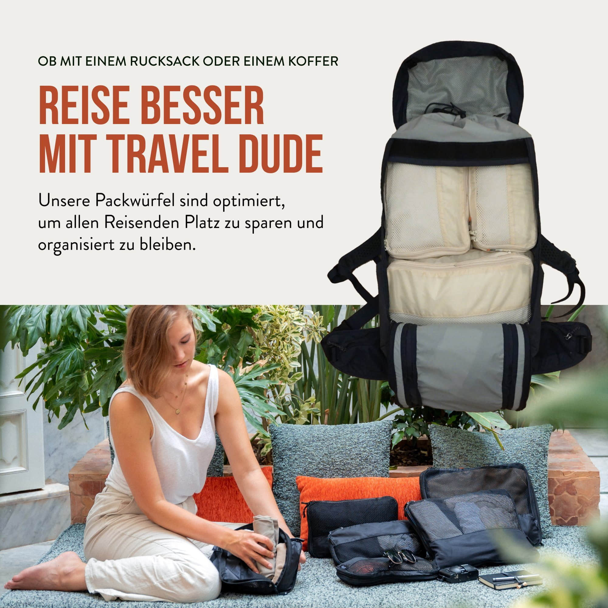 TRAVEL DUDE Mädchenmode TRAVEL DUDE Kofferorganizer aus recycelten Plastikflaschen (ultraleichte Packwürfel, 4-tlg., Mit Packtaschen in verschiedenen Größen und einem Wäschebeutel), mit Kompression und einem Nassfach Sand Beige