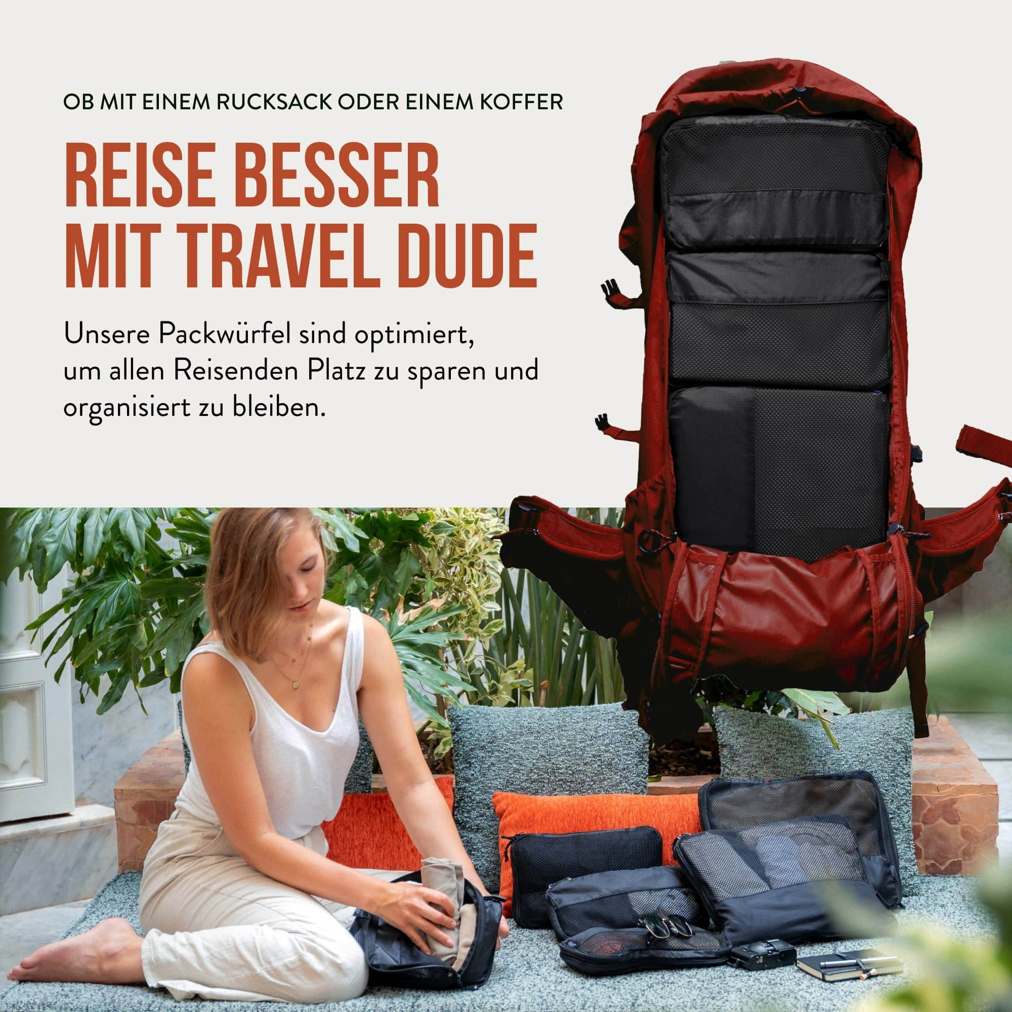 TRAVEL DUDE Kofferorganizer aus recycelten Plastikflaschen (ultraleichte Packwürfel, 4-tlg., Mit Packtaschen in verschiedenen Größen und einem Wäschebeutel), mit Kompression und einem Nassfach Schwarz TRAVEL DUDE Mädchenmode