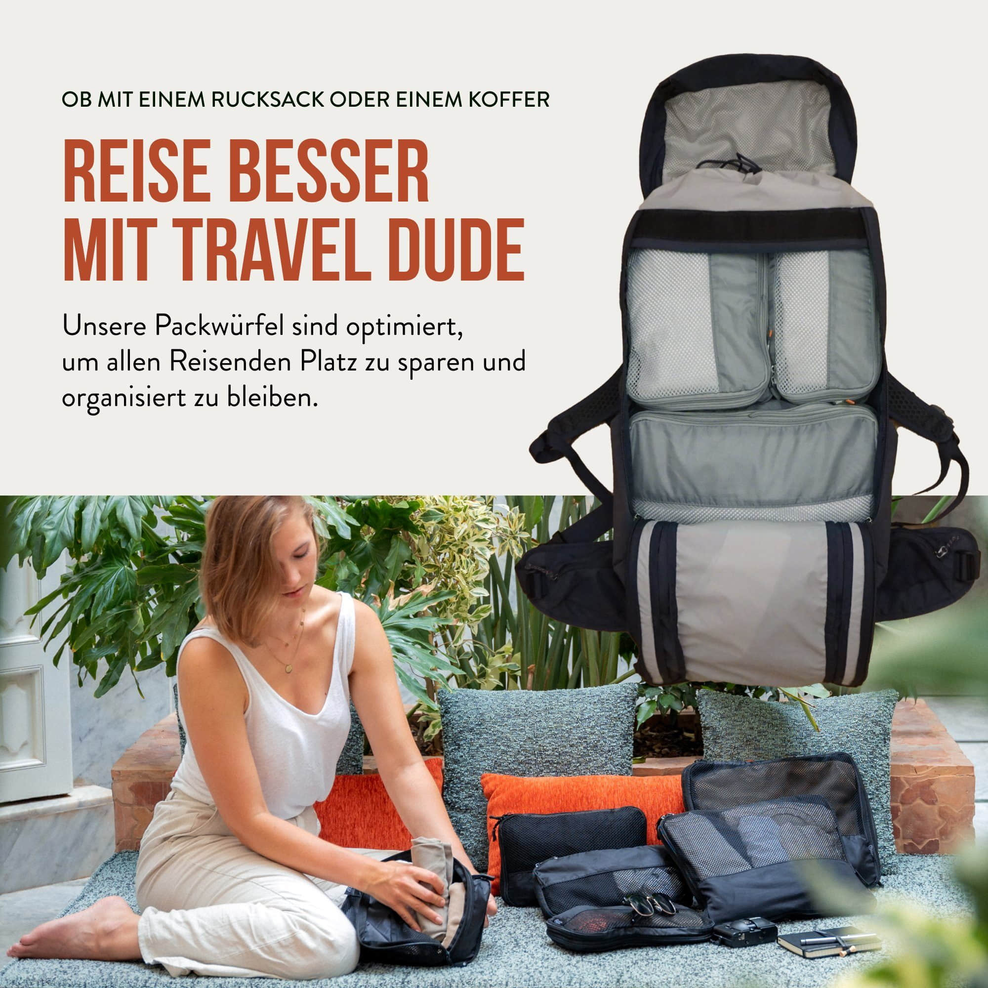 TRAVEL DUDE Kofferorganizer aus recycelten Plastikflaschen (ultraleichte Packwürfel, 4-tlg., Mit Packtaschen in verschiedenen Größen und einem Wäschebeutel), mit Kompression und einem Nassfach Steel Blue Mädchenmode TRAVEL DUDE