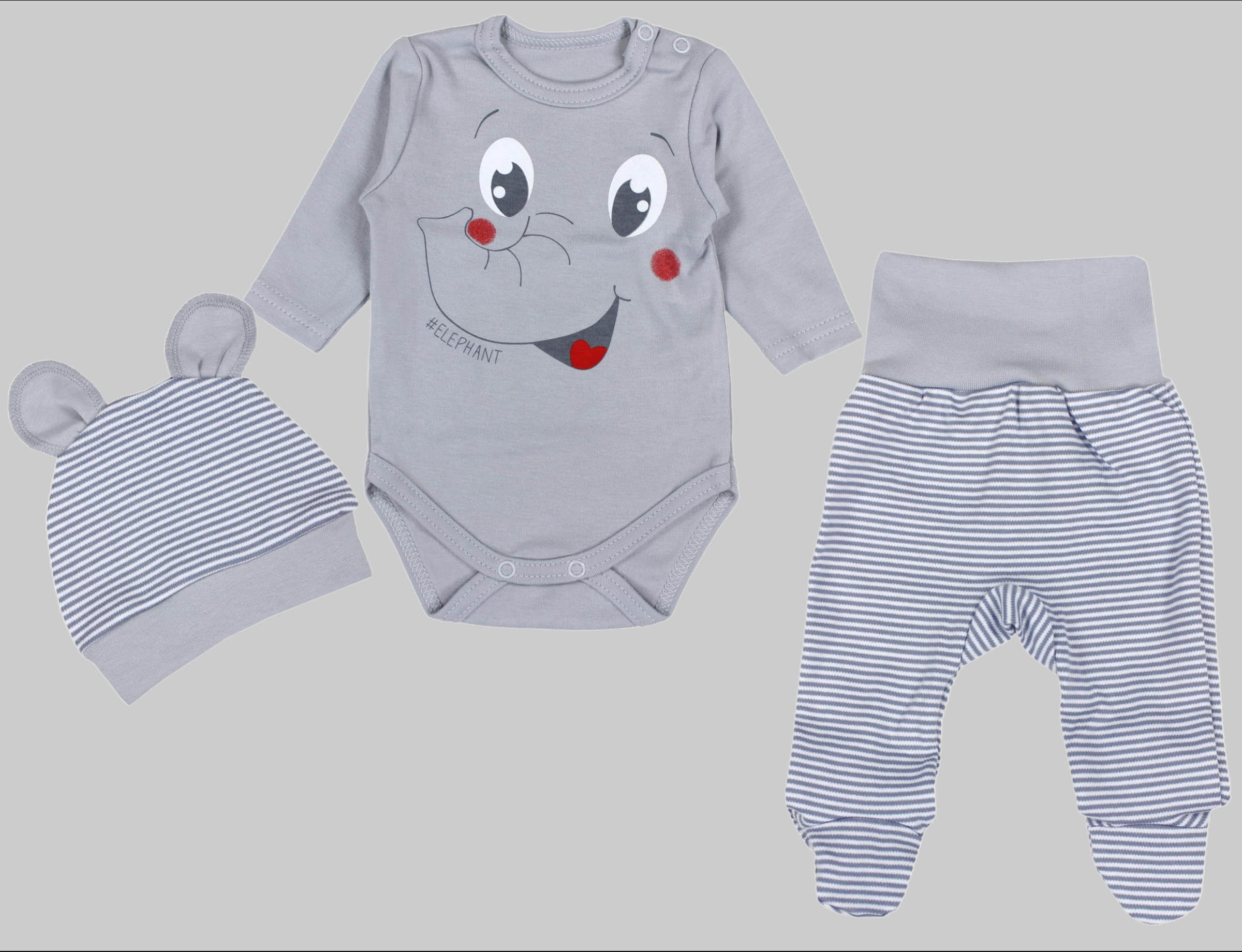 TupTam TupTam Baby Essentials Package - Uni Long Sleeve Bodysuit, Pants & Hat Set Elefant Grau Babymode