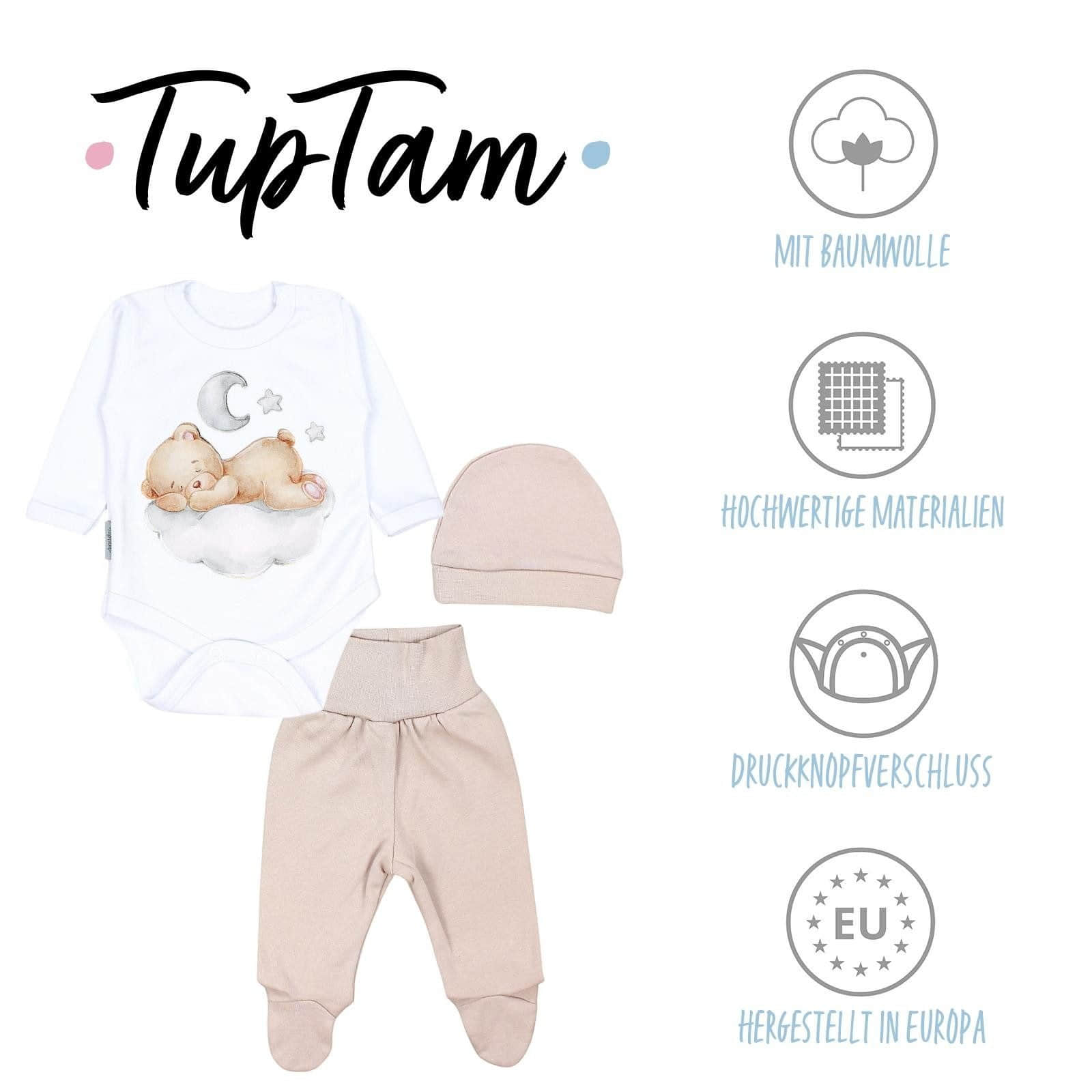 TupTam TupTam Baby Essentials Package - Uni Long Sleeve Bodysuit, Pants & Hat Set Bärchen au Babymode