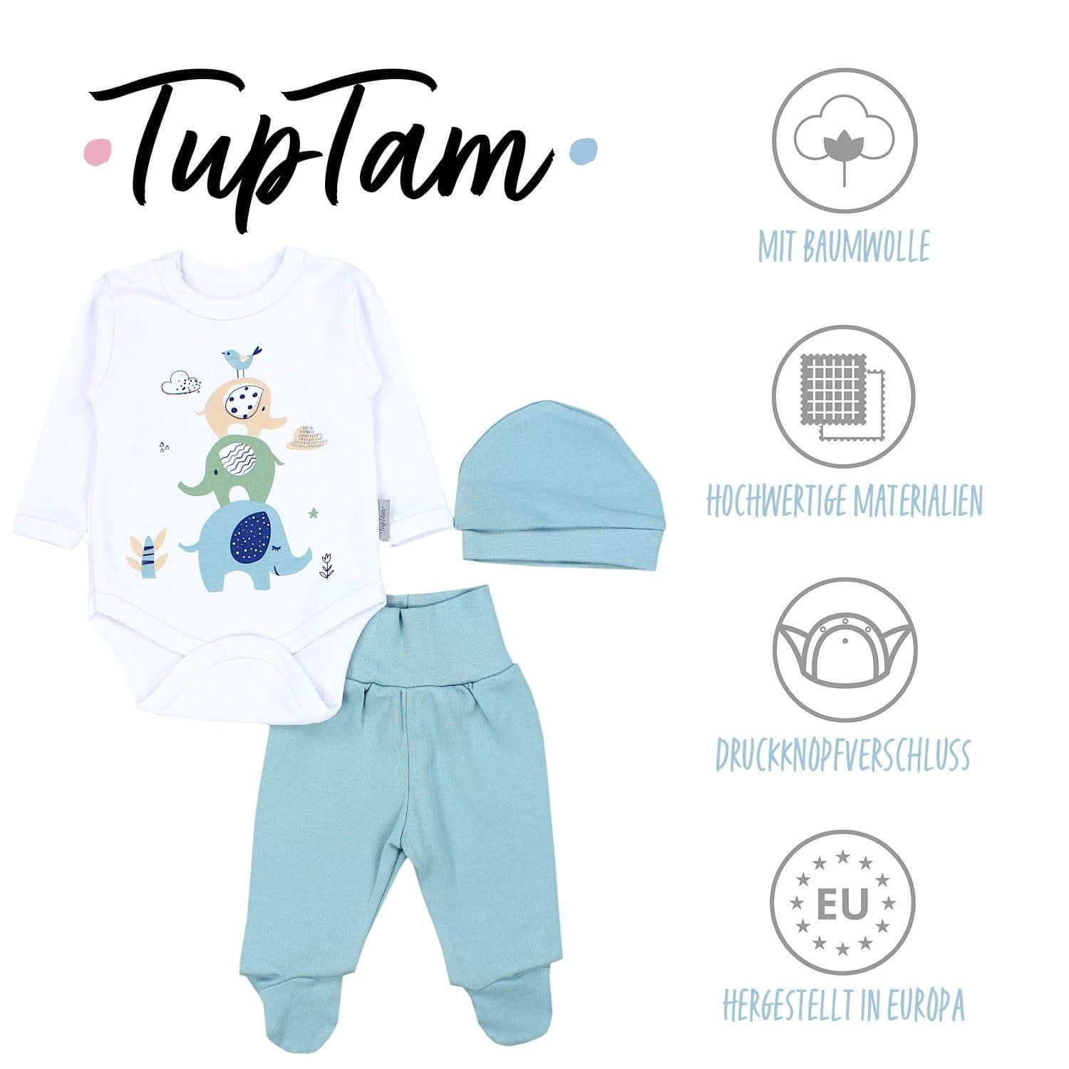 Babymode TupTam TupTam Baby Essentials Package - Uni Long Sleeve Bodysuit, Pants & Hat Set Drei Elefa