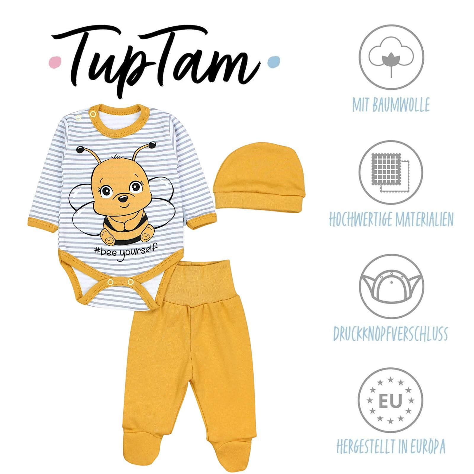 TupTam Baby Essentials Package - Uni Long Sleeve Bodysuit, Pants & Hat Set Biene Gelb Babymode TupTam
