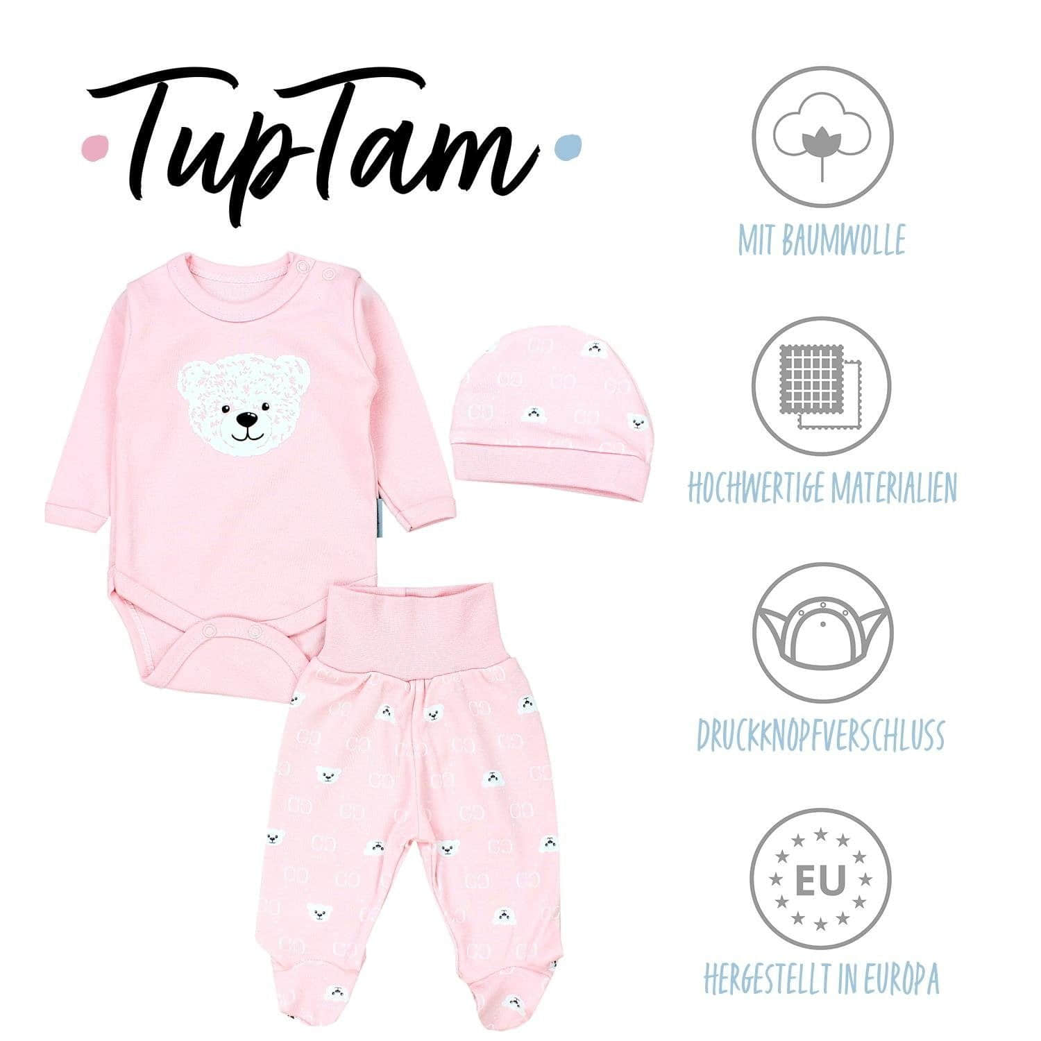TupTam TupTam Baby Essentials Package - Uni Long Sleeve Bodysuit, Pants & Hat Set Bärchen Ro Babymode