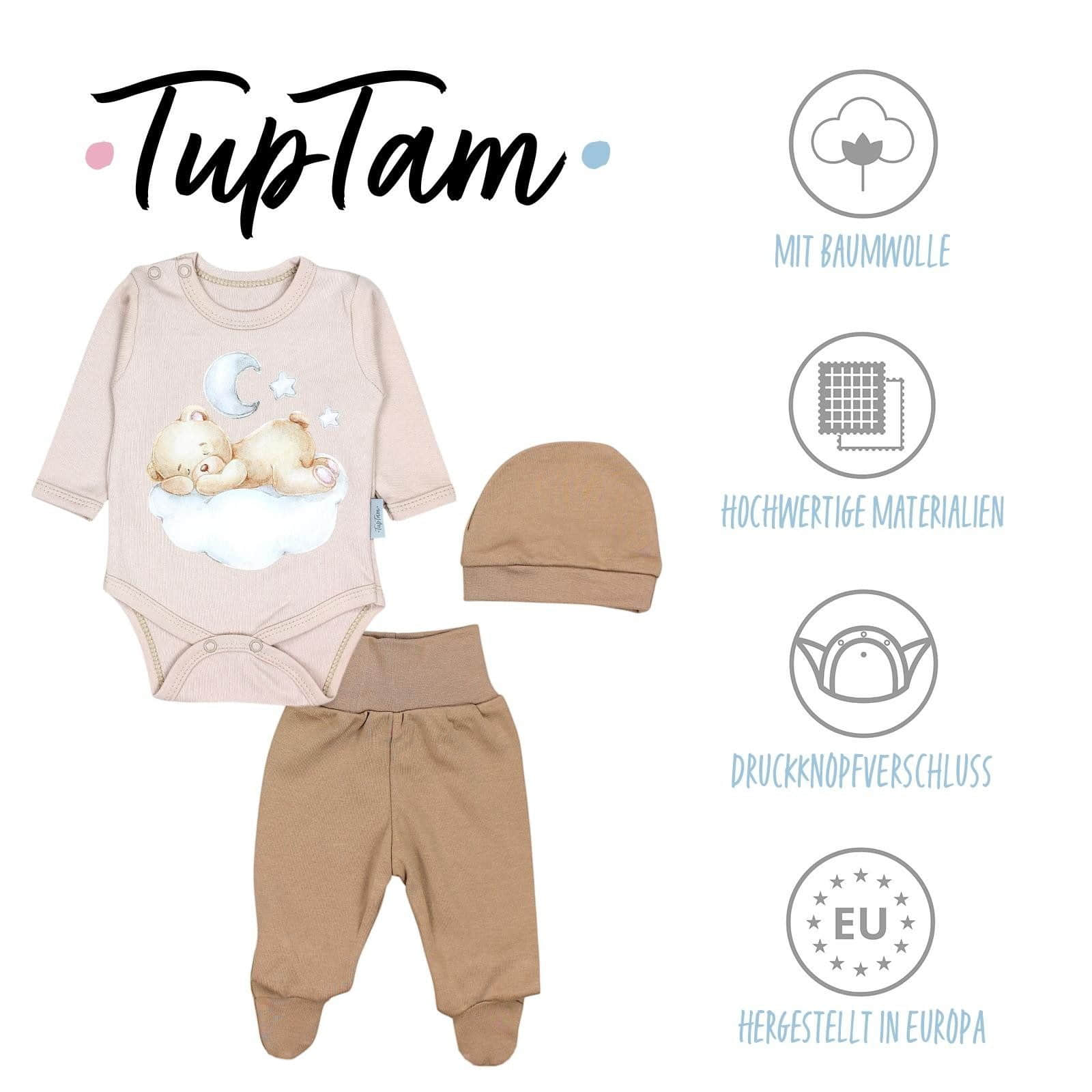TupTam TupTam Baby Essentials Package - Uni Long Sleeve Bodysuit, Pants & Hat Set Bärchen au Babymode