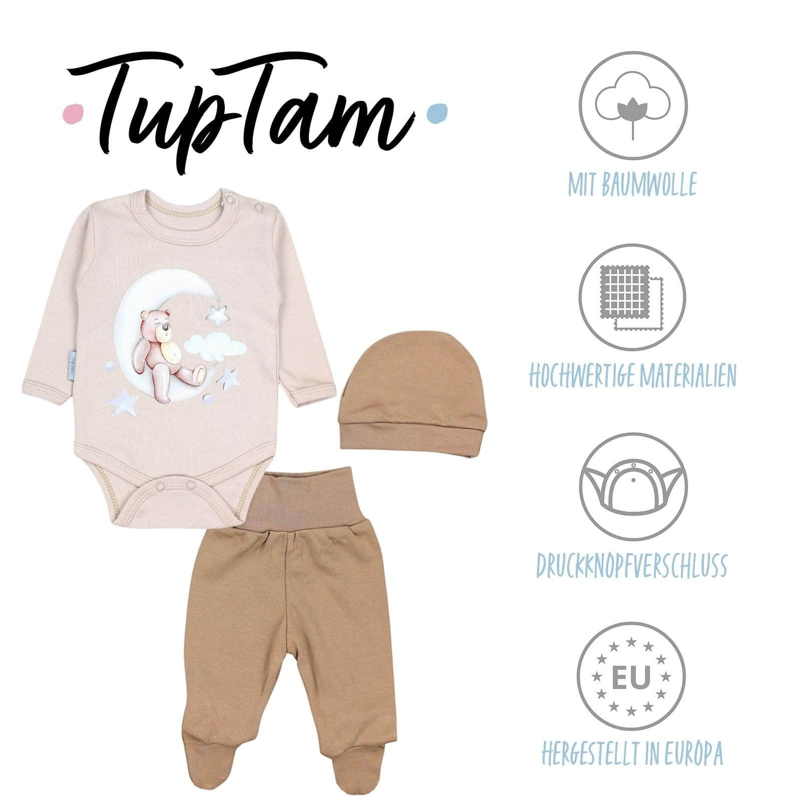 TupTam TupTam Baby Essentials Package - Uni Long Sleeve Bodysuit, Pants & Hat Set Bärchen au Babymode