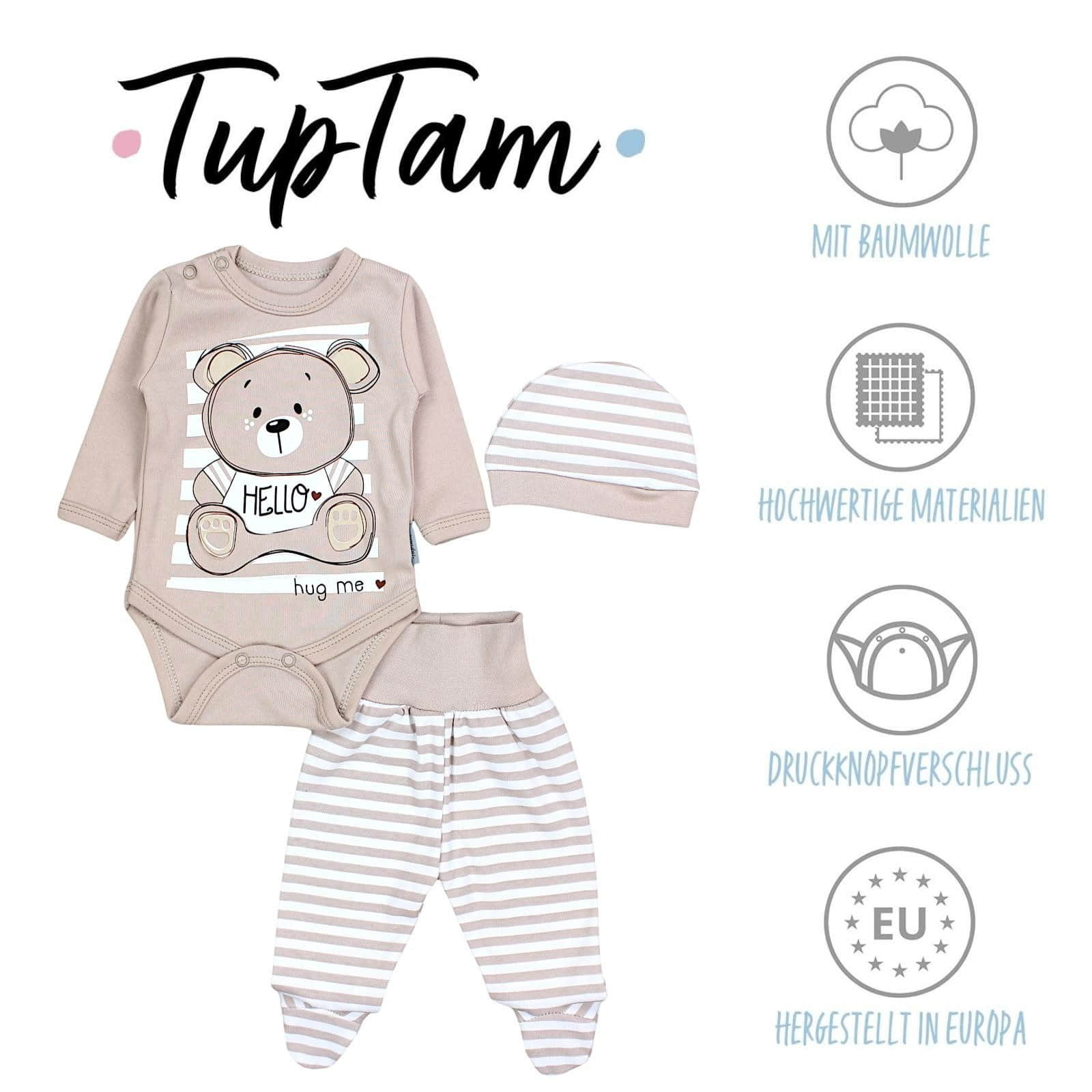 TupTam Babymode TupTam Baby Essentials Package - Uni Long Sleeve Bodysuit, Pants & Hat Set Teddybär B