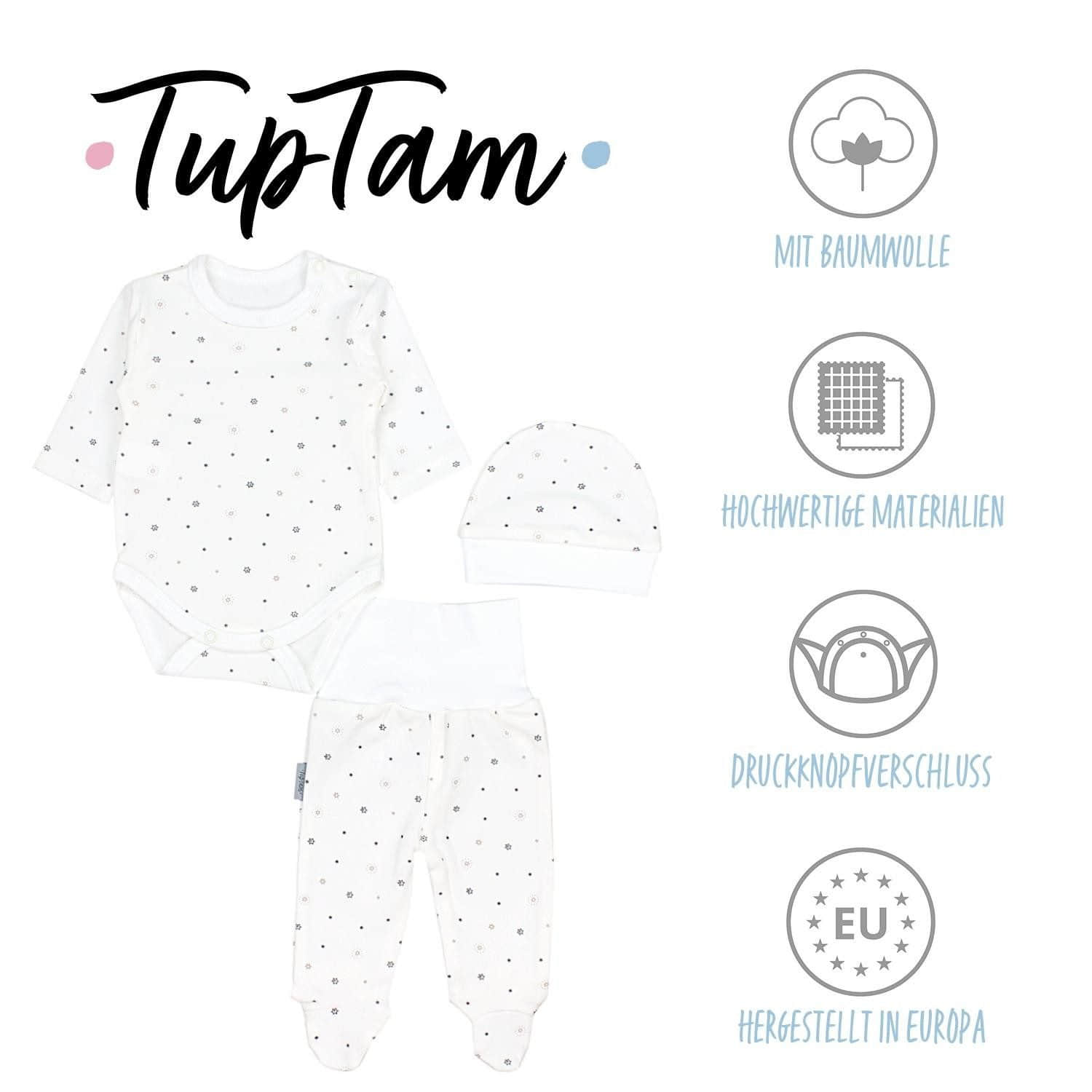 TupTam Baby Essentials Package - Uni Long Sleeve Bodysuit, Pants & Hat Set Sternchen Babymode TupTam