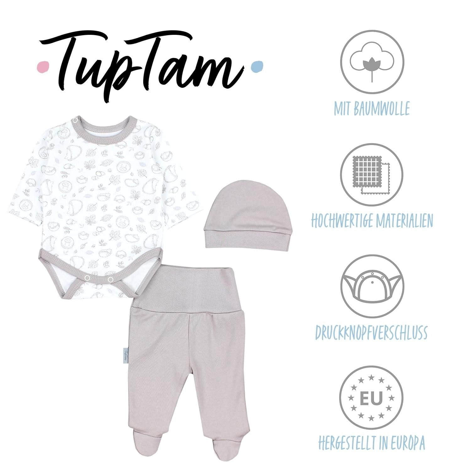 TupTam Babymode TupTam Baby Essentials Package - Uni Long Sleeve Bodysuit, Pants & Hat Set Igel Beige