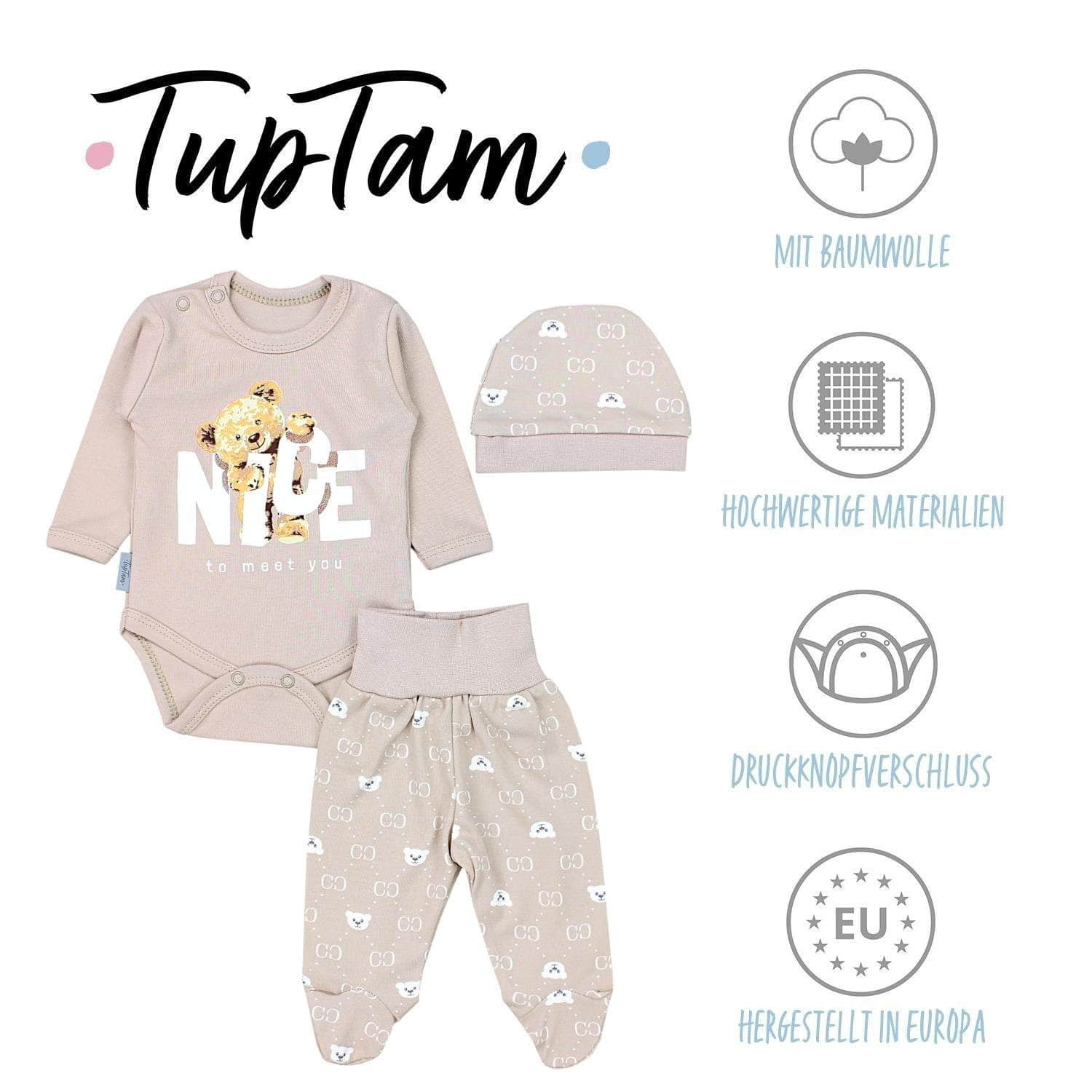 TupTam Baby Essentials Package - Uni Long Sleeve Bodysuit, Pants & Hat Set Bärchen Be TupTam Babymode