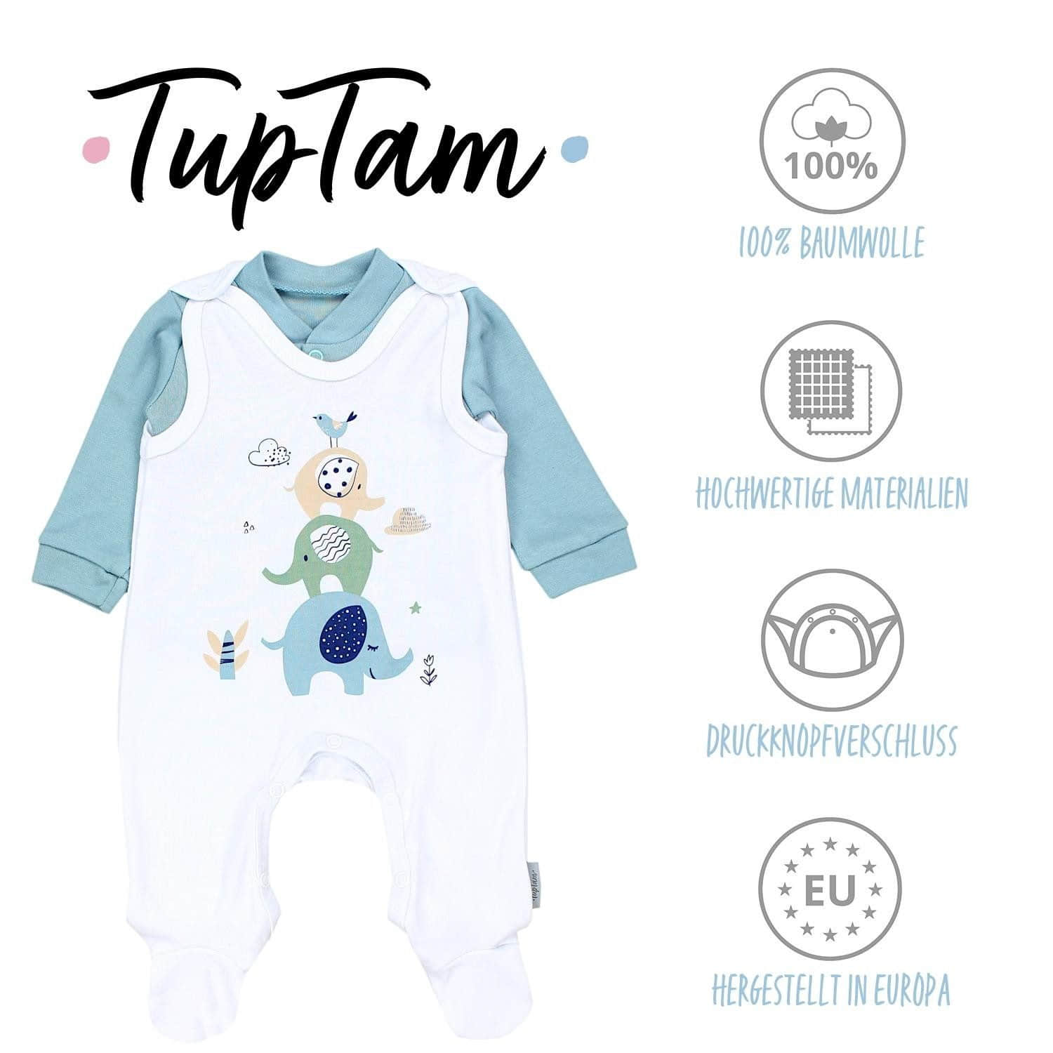 TupTam Baby Romper Set - Organic Cotton Animal Print & 'I Love Mum' - Girl & Boy Drei Elefa TupTam Babymode