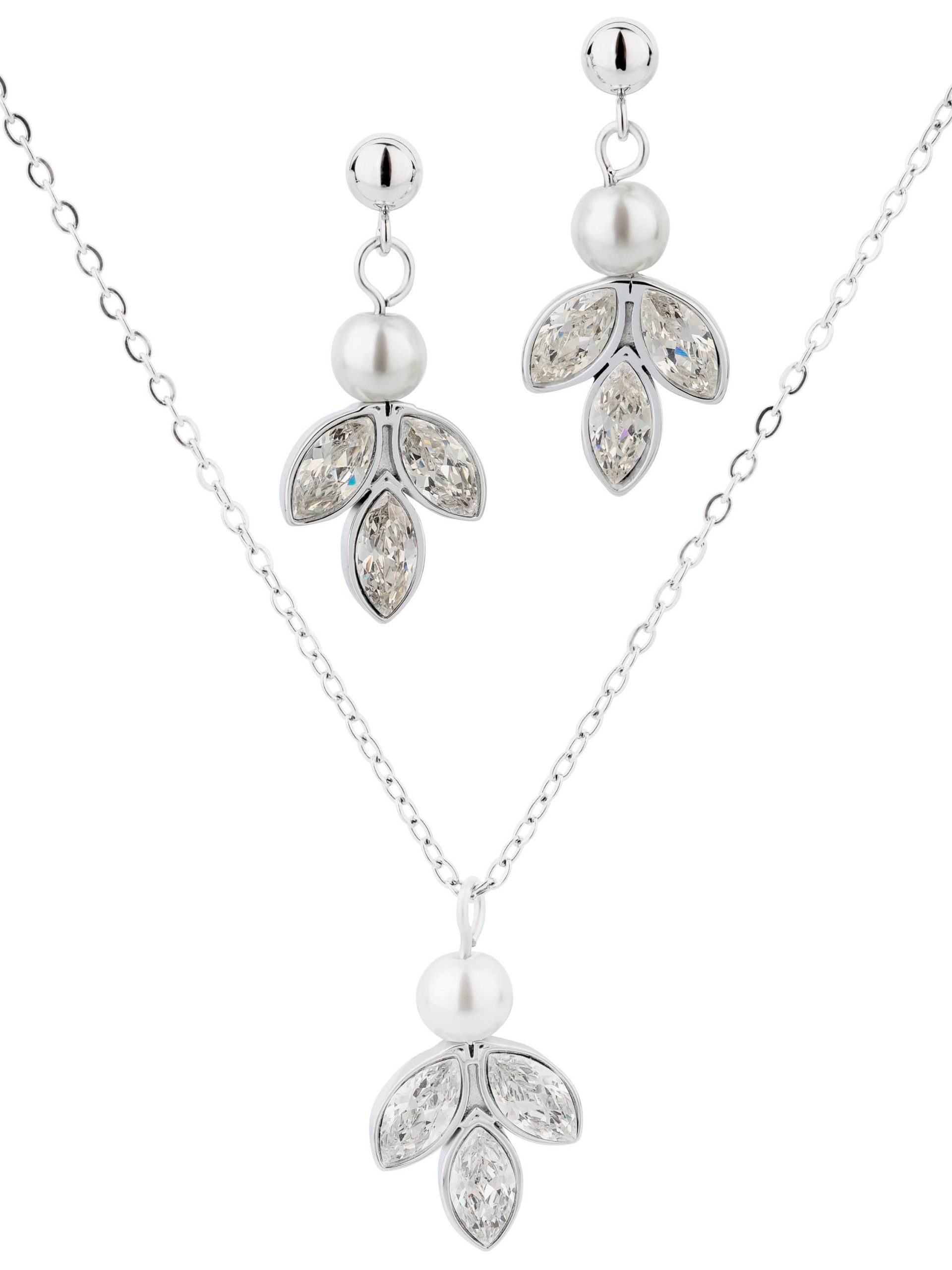 Brautkrone myToys Brautkronen Brautschmuck Set: Stainless Steel Necklace & Earrings with Zirconia & Pearl for Brides Silber