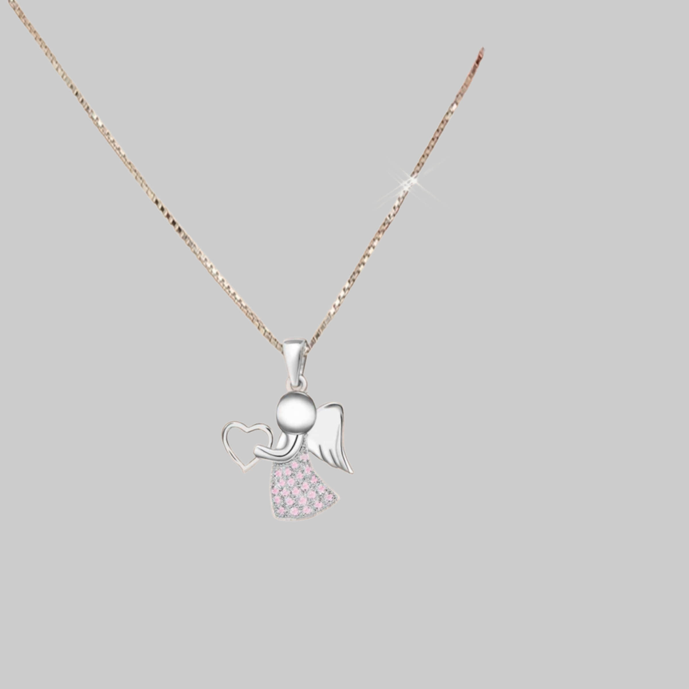 Golden Hufesien Engelanhänger Schutzengel Herz Zirkonia Anhänger mit Kette 925 Silber Engelkette (Halskette Set, inkl. Geschenkbox) Rosa Goldene Hufeisen myToys