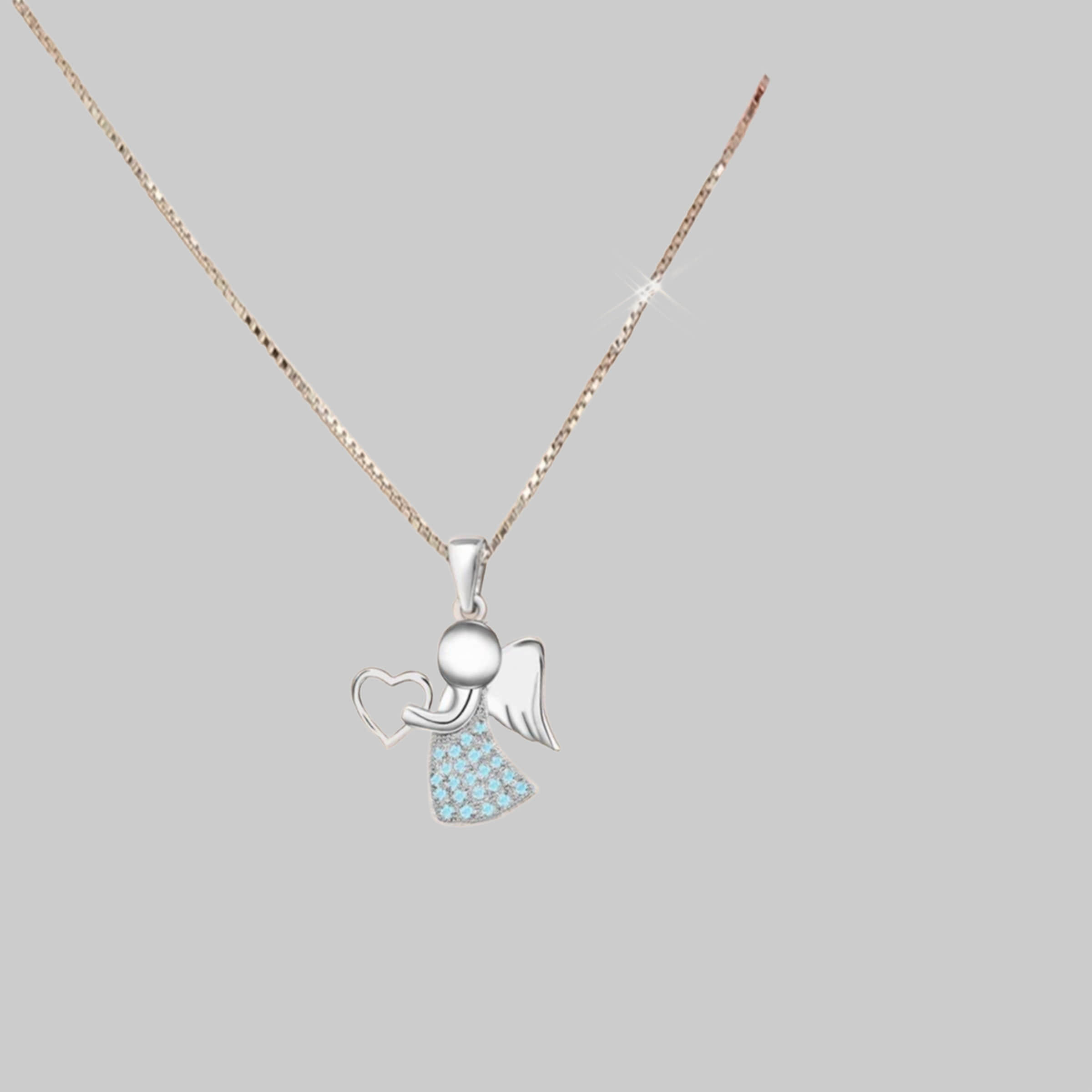 Golden Hufesien Engelanhänger Schutzengel Herz Zirkonia Anhänger mit Kette 925 Silber Engelkette (Halskette Set, inkl. Geschenkbox) Blau Goldene Hufeisen myToys