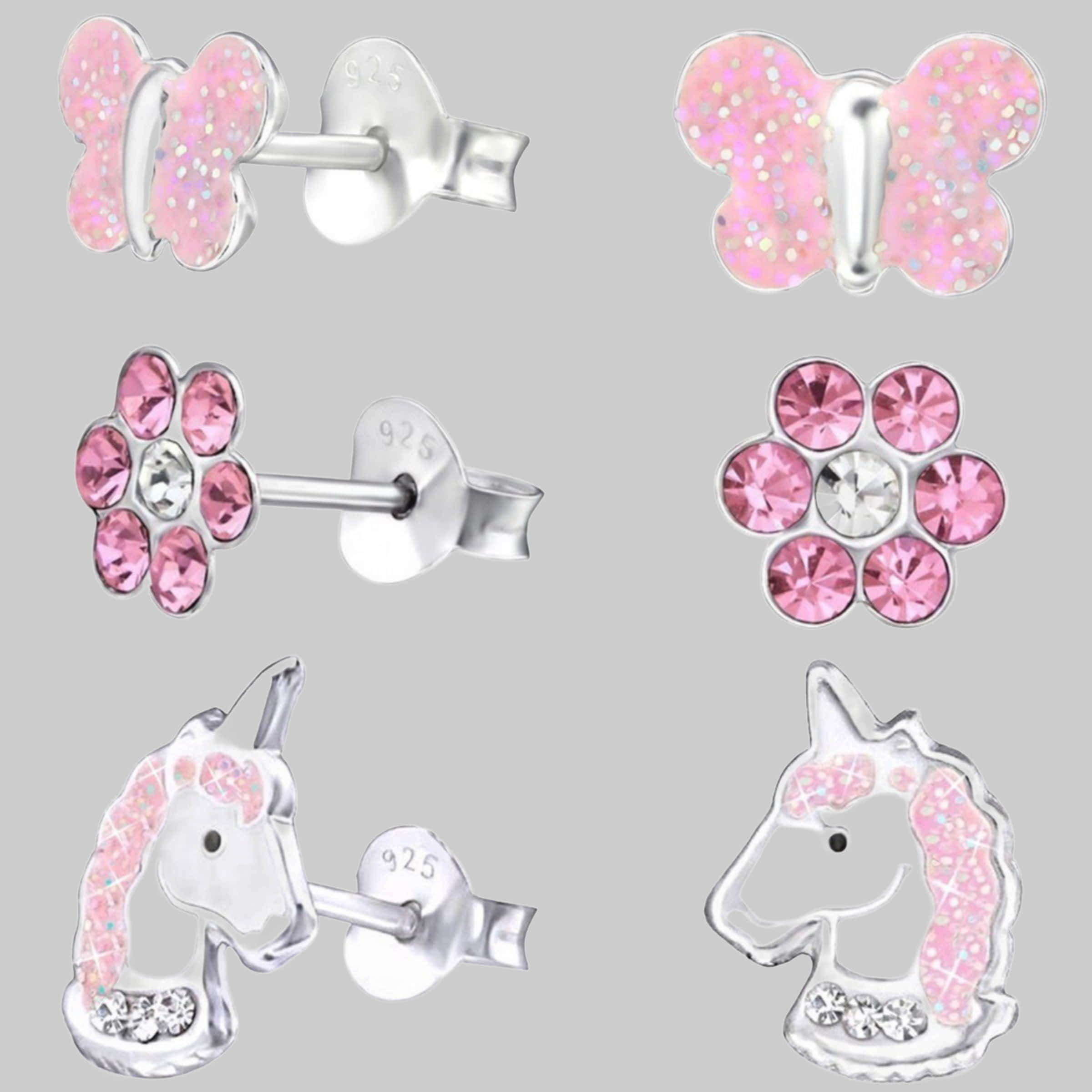 Goldene Hufesein Ohrstec Ker-Set 3 Paar Set Ohrstec Ker Einhorn Schmetterling Blume Ohrringe 925 Silber (6-tlg, inkl. Etui), Kristall myToys Goldene Hufeisen