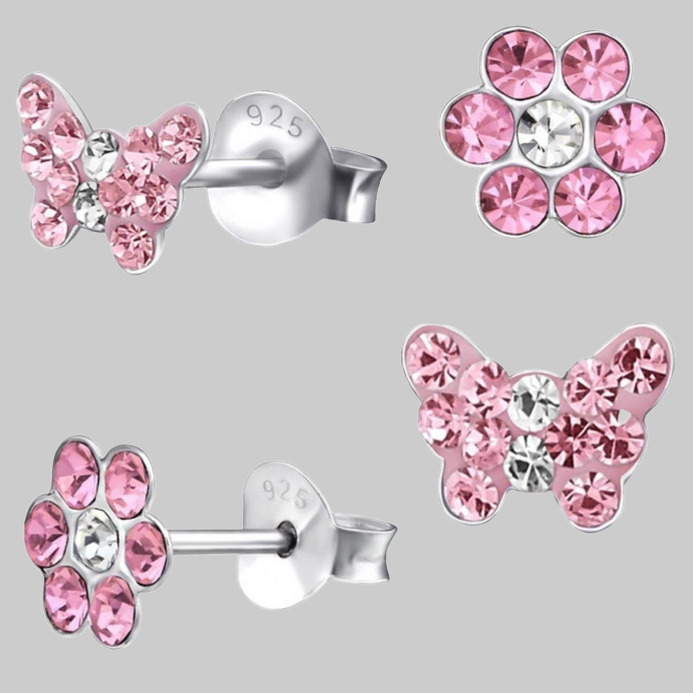 'Goldene Hufesien' Horseshoe Earrings Set - 2 Pairs for Girls - Crystal Butterfly & Flower Design - 925 Sterling Silver Rosa myToys Goldene Hufeisen