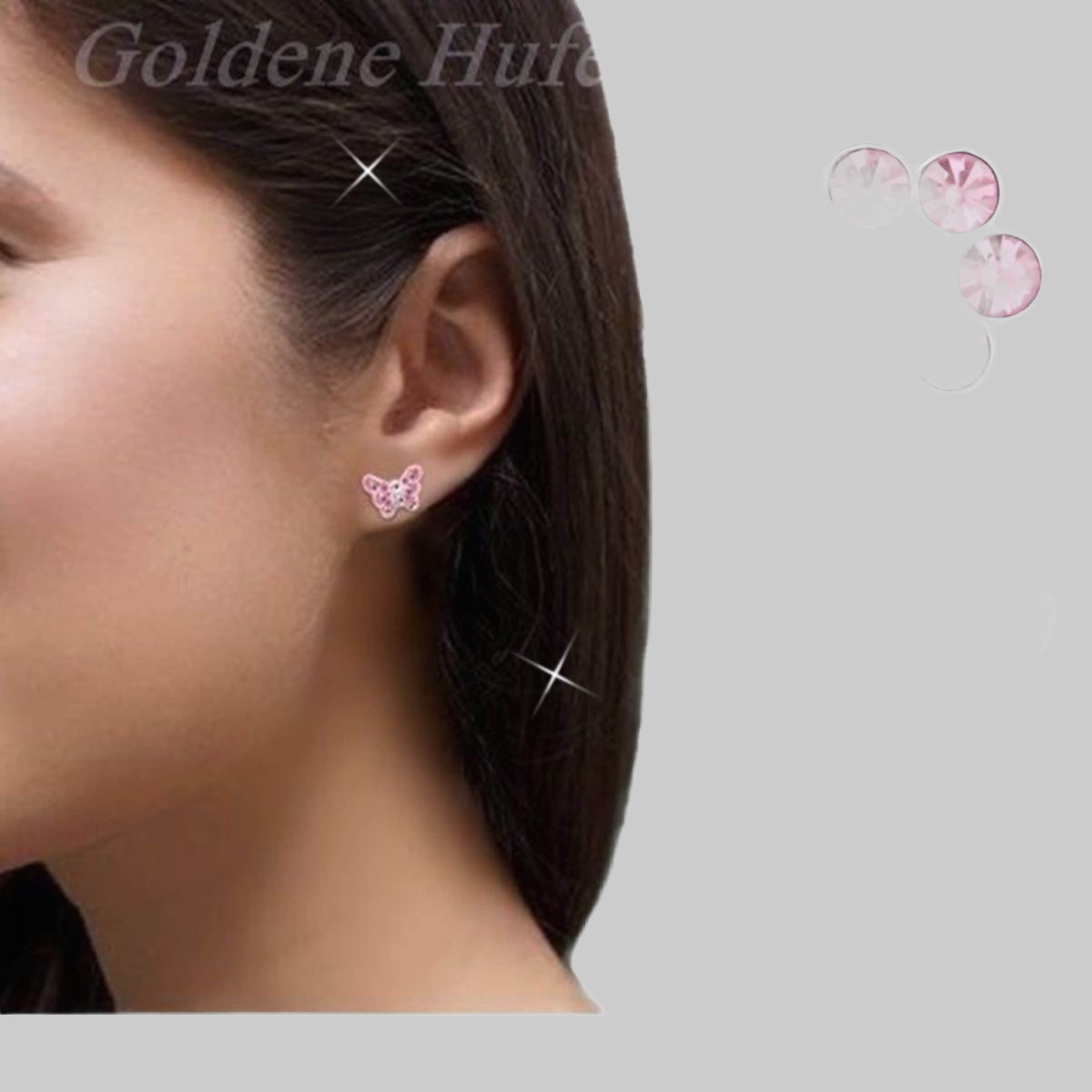 'Goldene Hufesien' Horseshoe Earrings Set - 2 Pairs for Girls - Crystal Butterfly & Flower Design - 925 Sterling Silver Rosa myToys Goldene Hufeisen