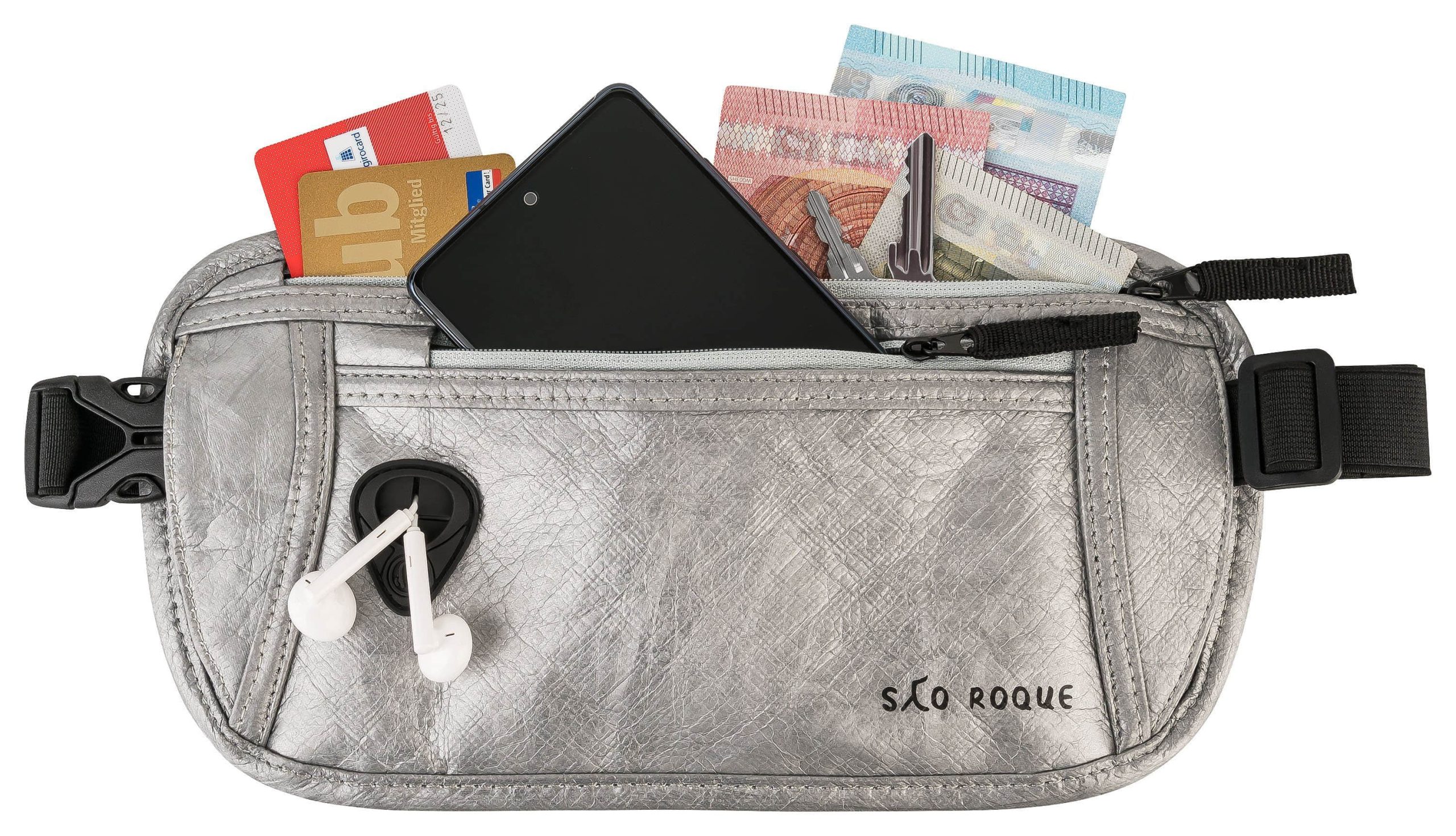 SAO ROQUE Bauchtasche - Flache Damen Herren Bauchtasche, Diebstahl-sicher mit RFID Schutz, Vegan, Ultraflach Silber-Glä Accessoires & Taschen SAO ROQUE